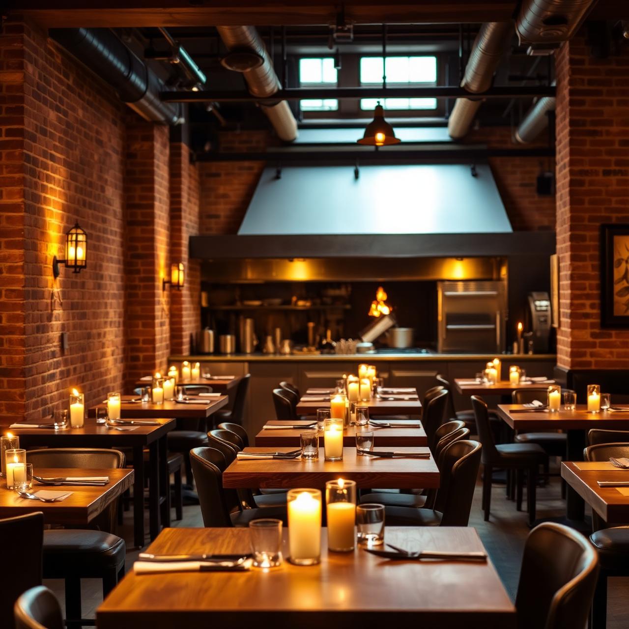 Candlelit dining room with reclaimed oak tables and exposed brick